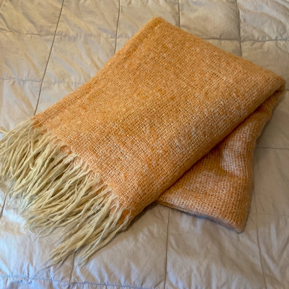 Fringed Mohair Wool Cream/Orange Woven Blanket Throw Vintage